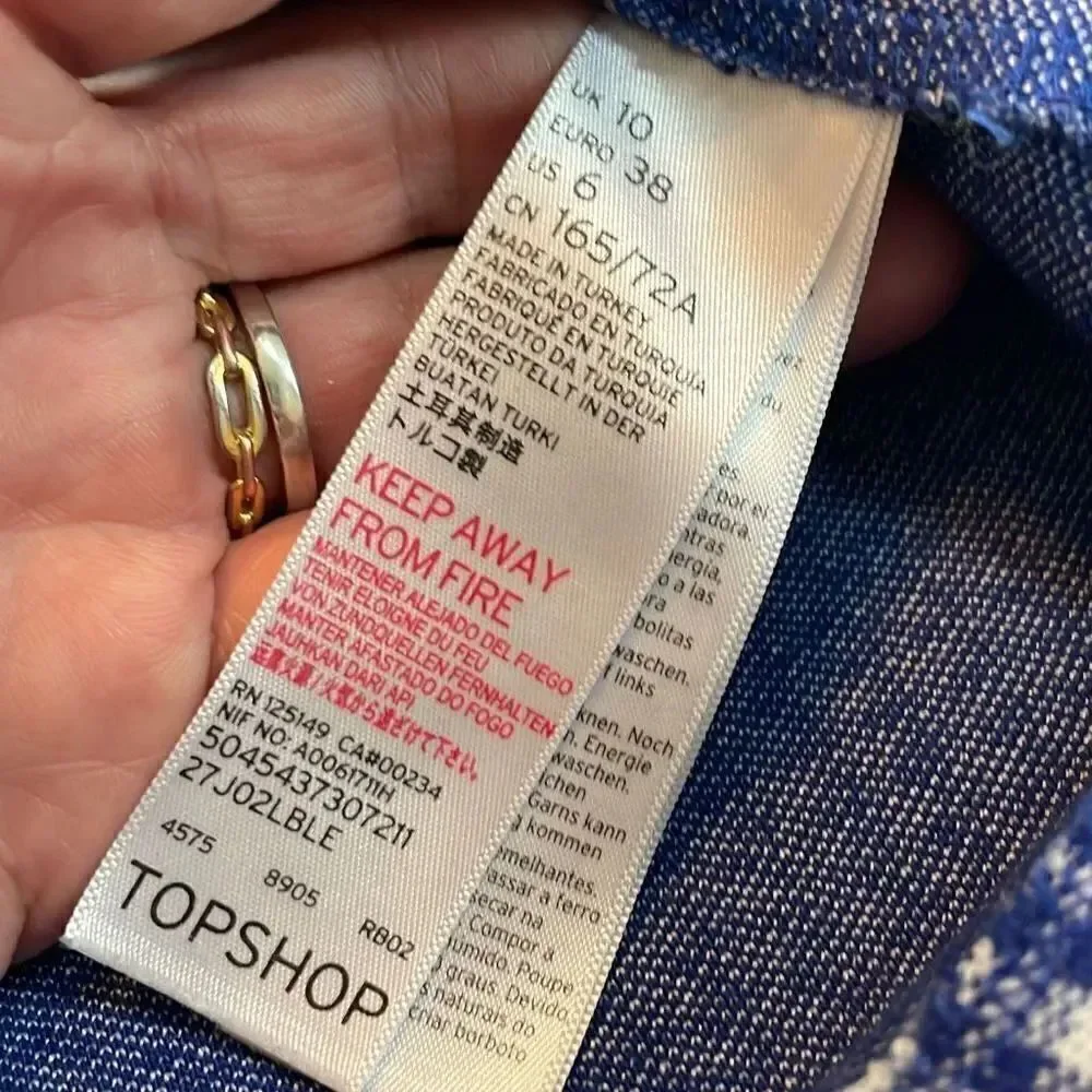 TopShop 6 gingham print blue white mini shirt w/slanted ruffle